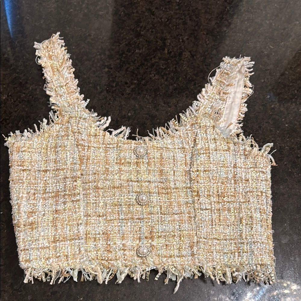 Chic Tweed Crop Top - Cream and Gold